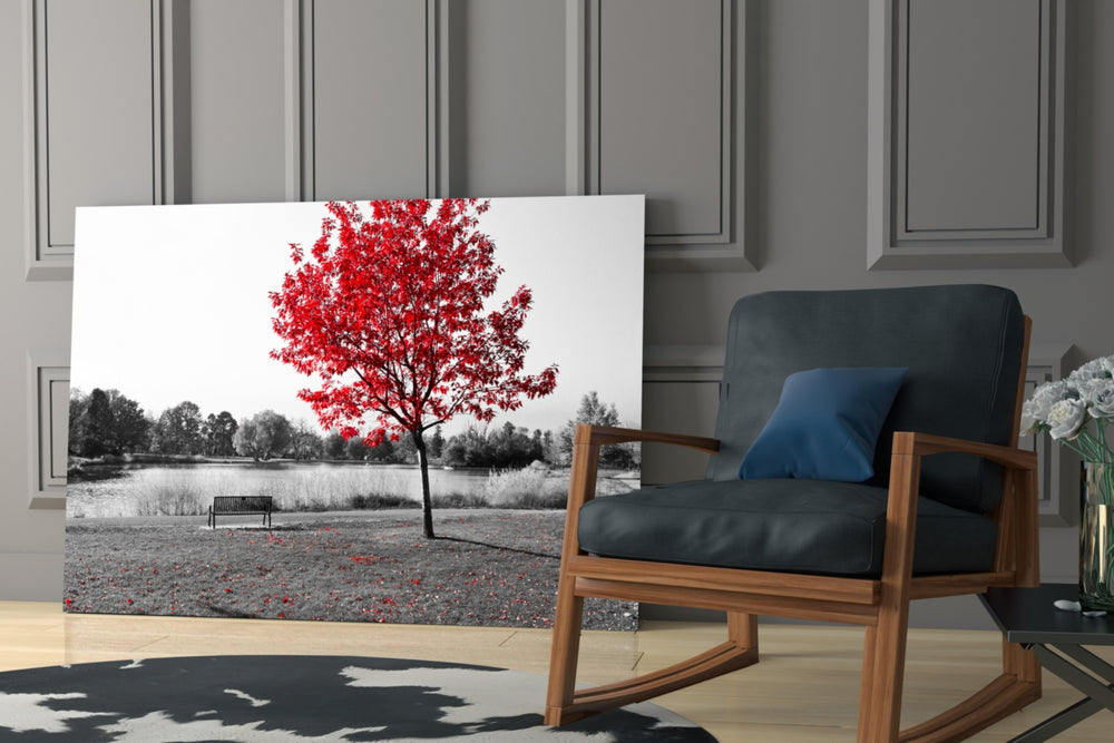 Red Tree artwork anchoring a reading corner with quiet presence
