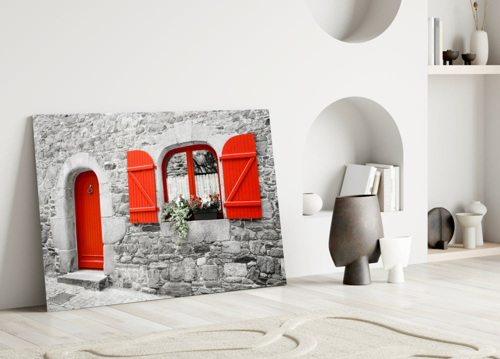 Red Door glass wall art anchoring an entryway with character