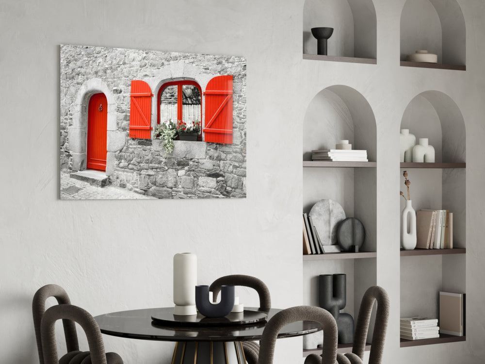 Red Door glass print enhancing a hallway with selective-color mood