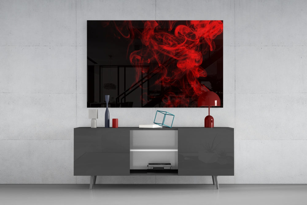 Abstract fine art – dynamic crimson smoke swirling upward against pure black background, fluid motion captured in photography