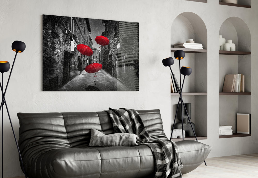 Red Umbrellas panel adding storybook mood to a dining area