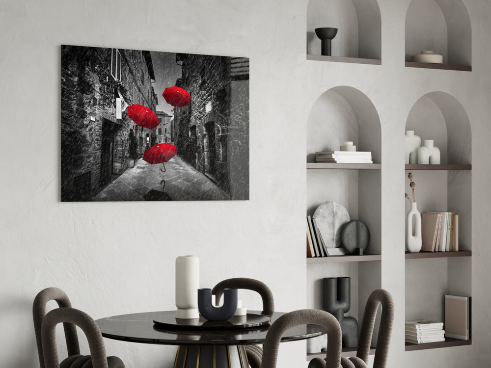 Red Umbrellas glass print enhancing a hallway with imaginative lift