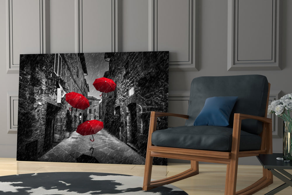 Red Umbrellas artwork anchoring a reading corner with travel charm