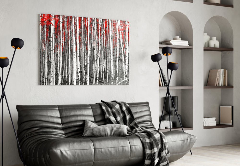 Red Forest panel anchoring a study with quiet nature mood