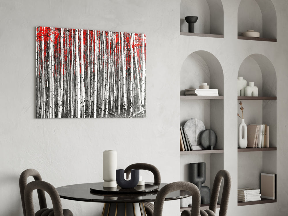 Red Forest glass print enhancing a hallway with vertical rhythm