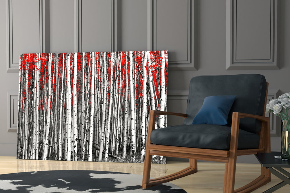 Red Forest artwork bringing graphic nature to a modern office