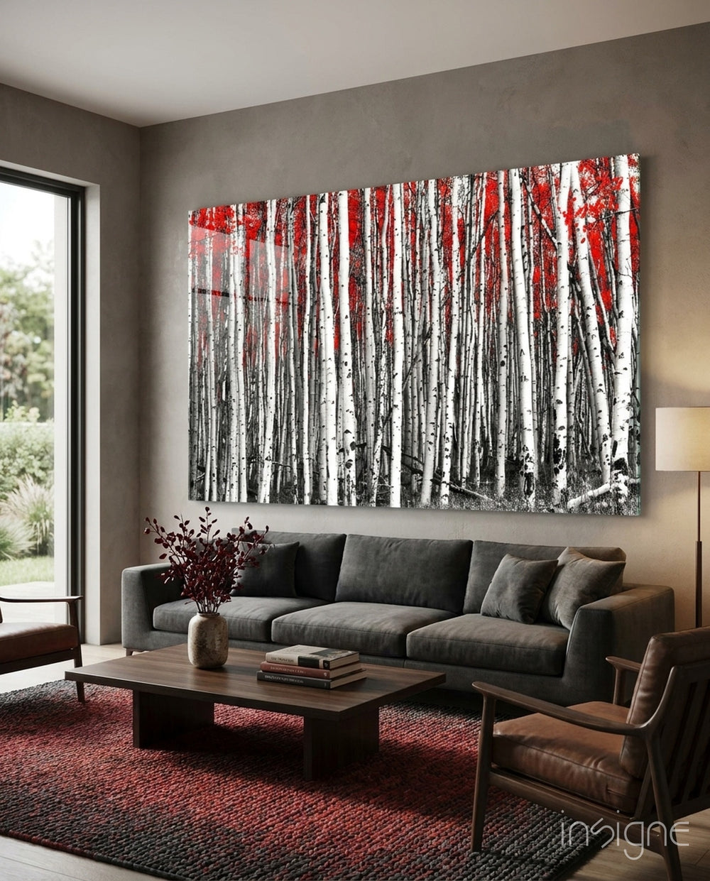 Red Forest glass wall art displayed above a console in a designer interior