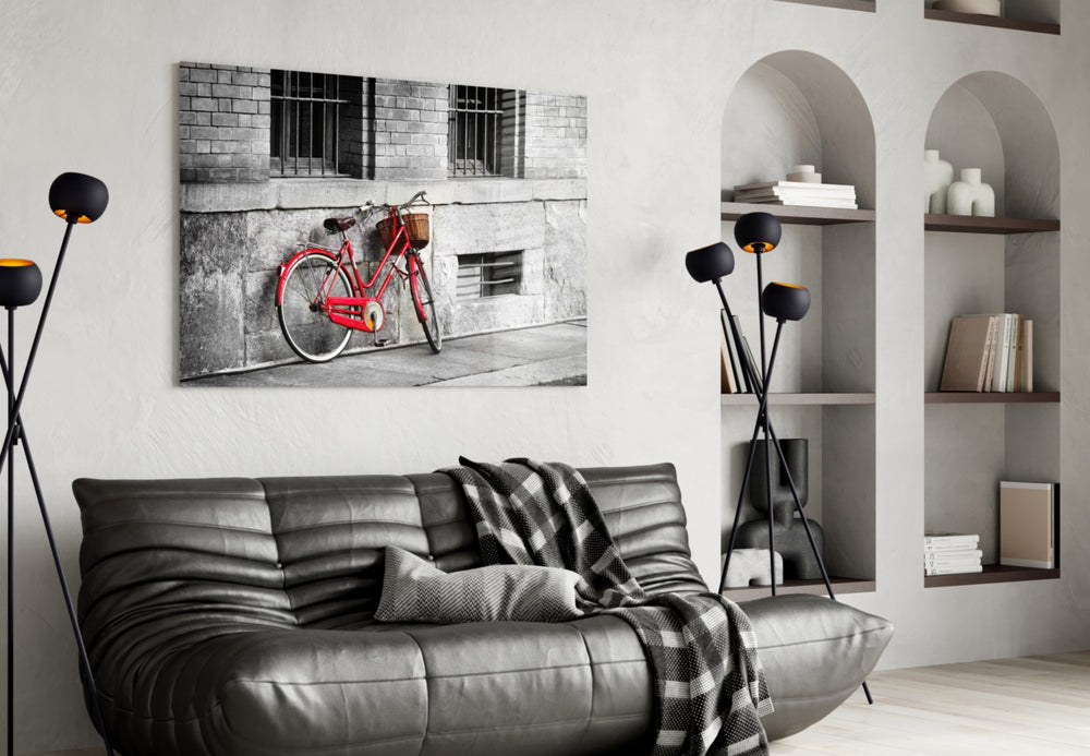 Red Bicycle panel adding old-soul warmth to a reading corner