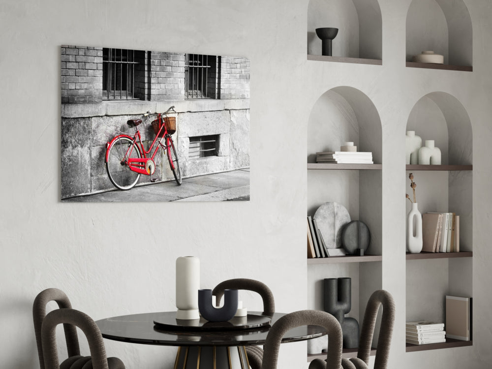 Red Bicycle glass print enhancing a hallway with urban nostalgia