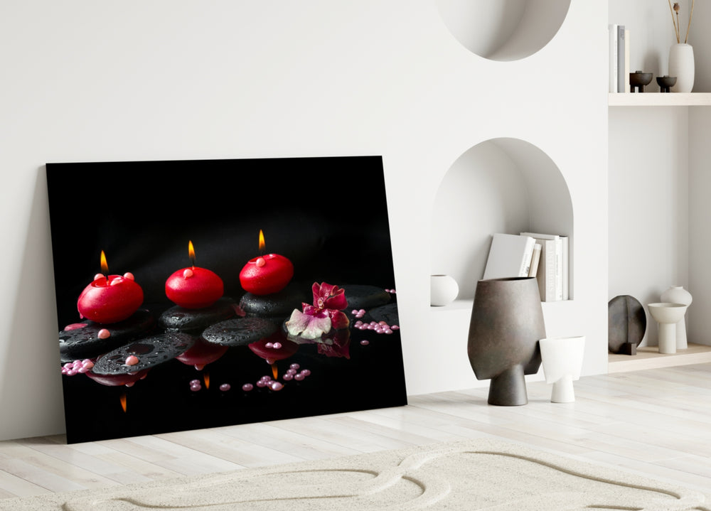 Spa glass wall art styled above a bathtub in a tranquil bathroom