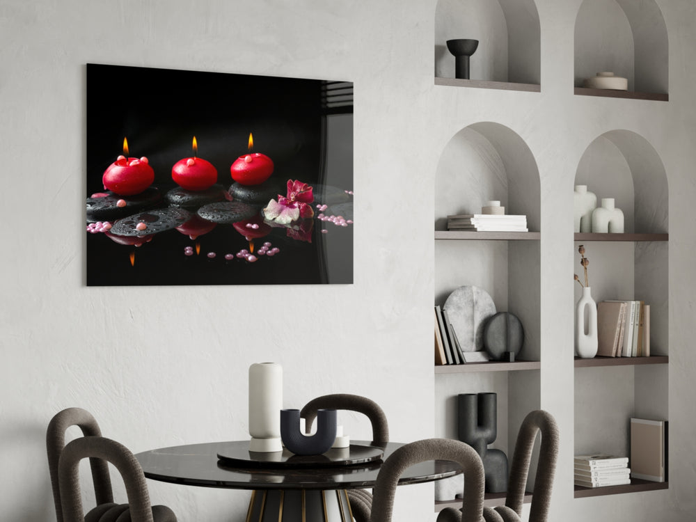 Spa glass print adding evening mood to a restful bedroom