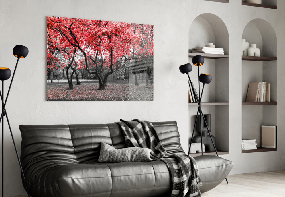 Red Tree panel adding nature romance to a reading corner