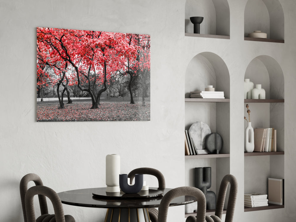Red Tree glass print enhancing a hallway with blossom atmosphere
