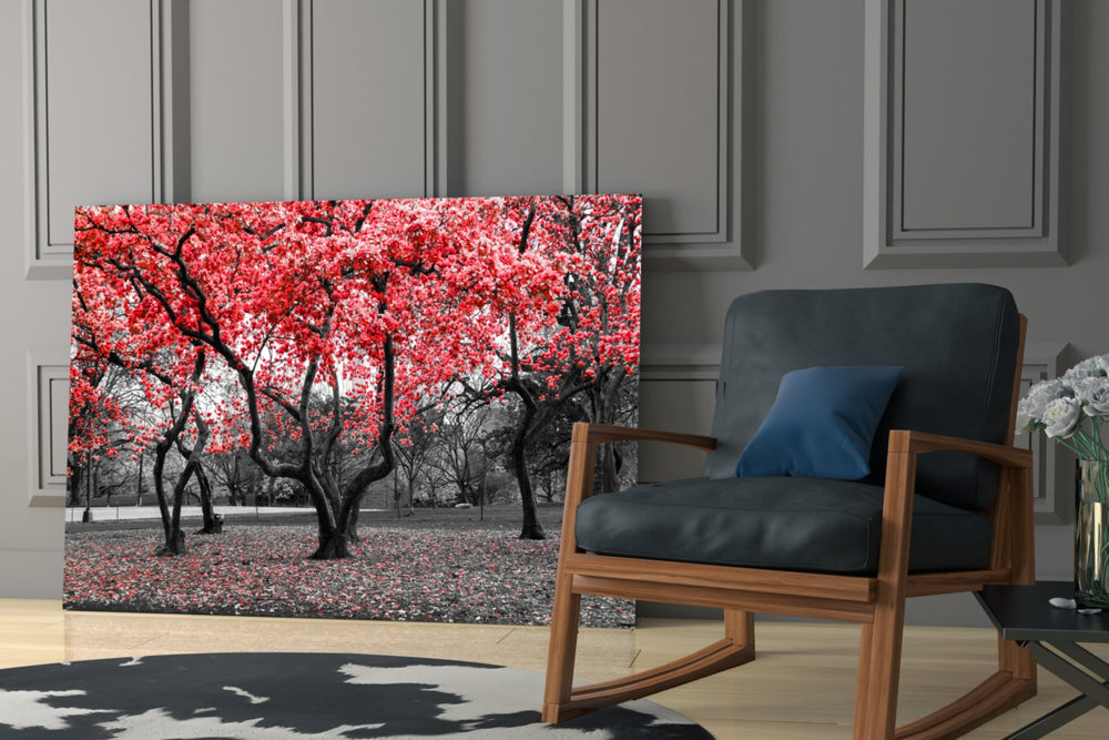 Red Tree artwork bringing quiet drama to a dining area