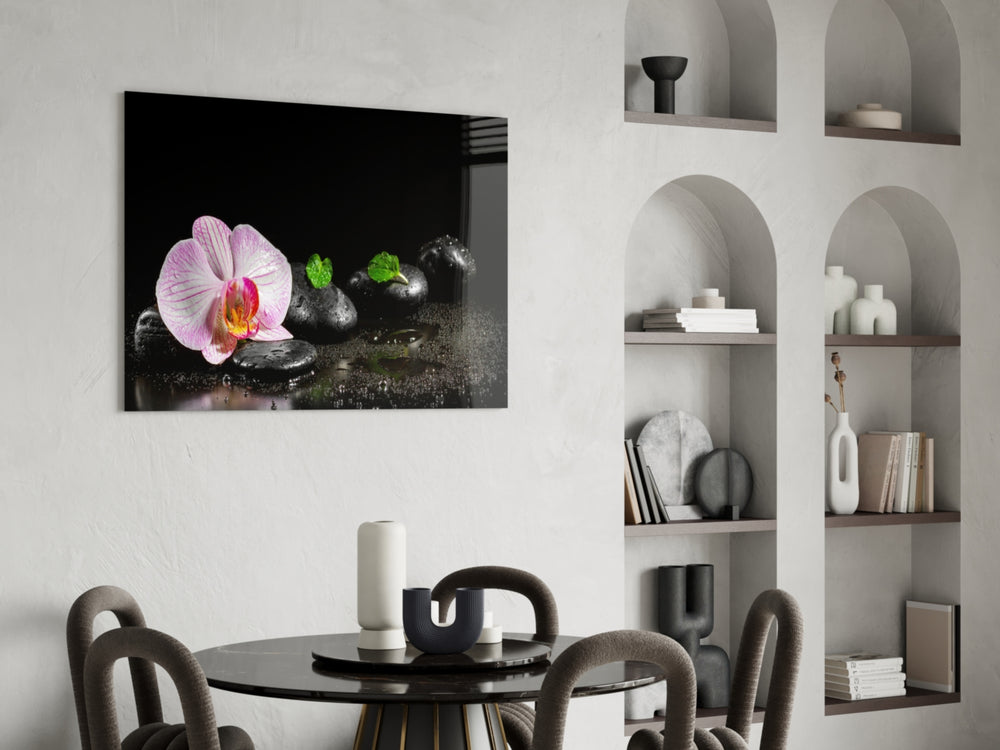 Spa glass print adding gentle ritual to a restful bedroom