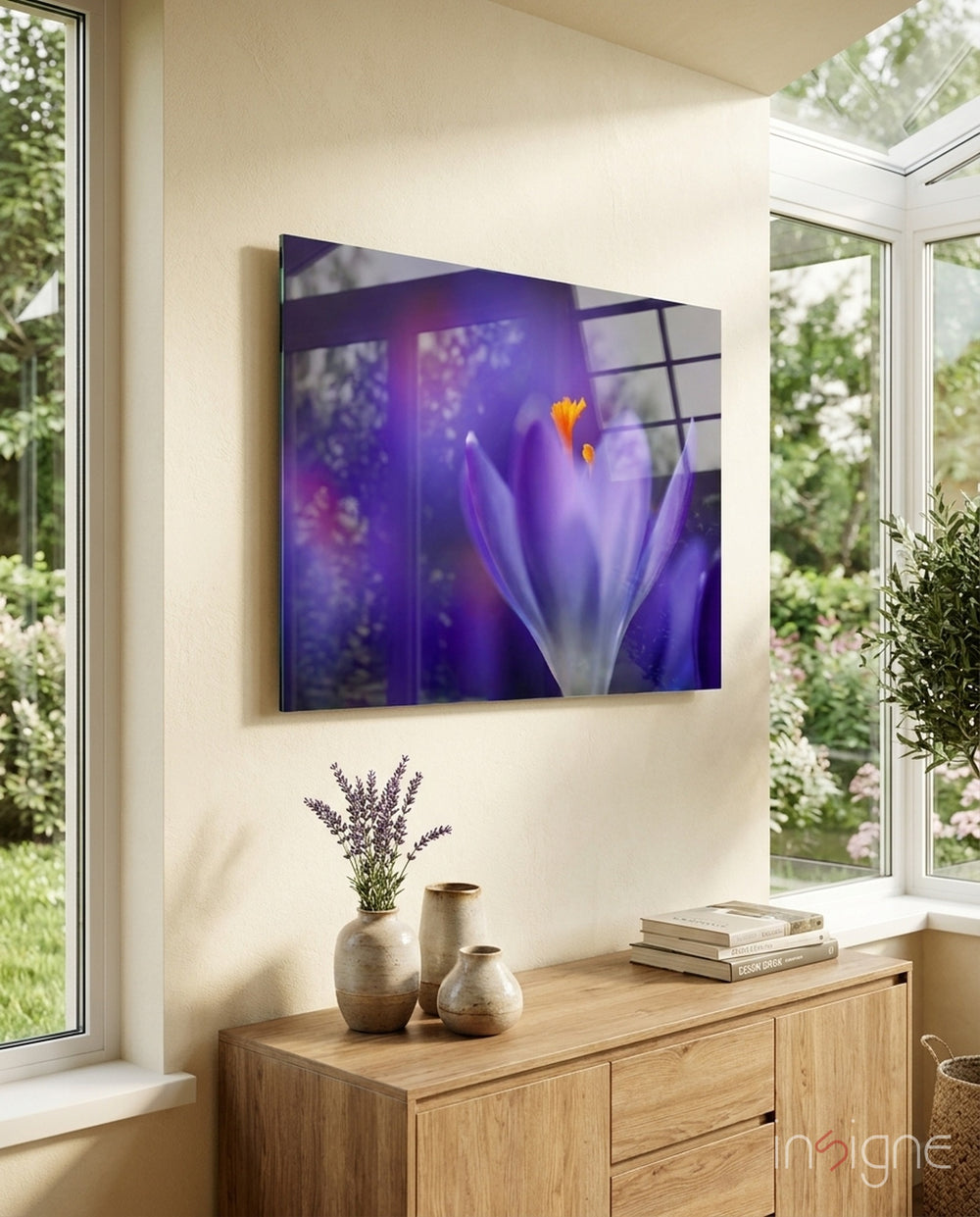 Flower purple crocus glass wall art displayed above a console in a designer interior