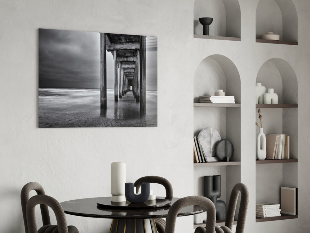 Dock glass print enhancing a hallway with vanishing-point drama