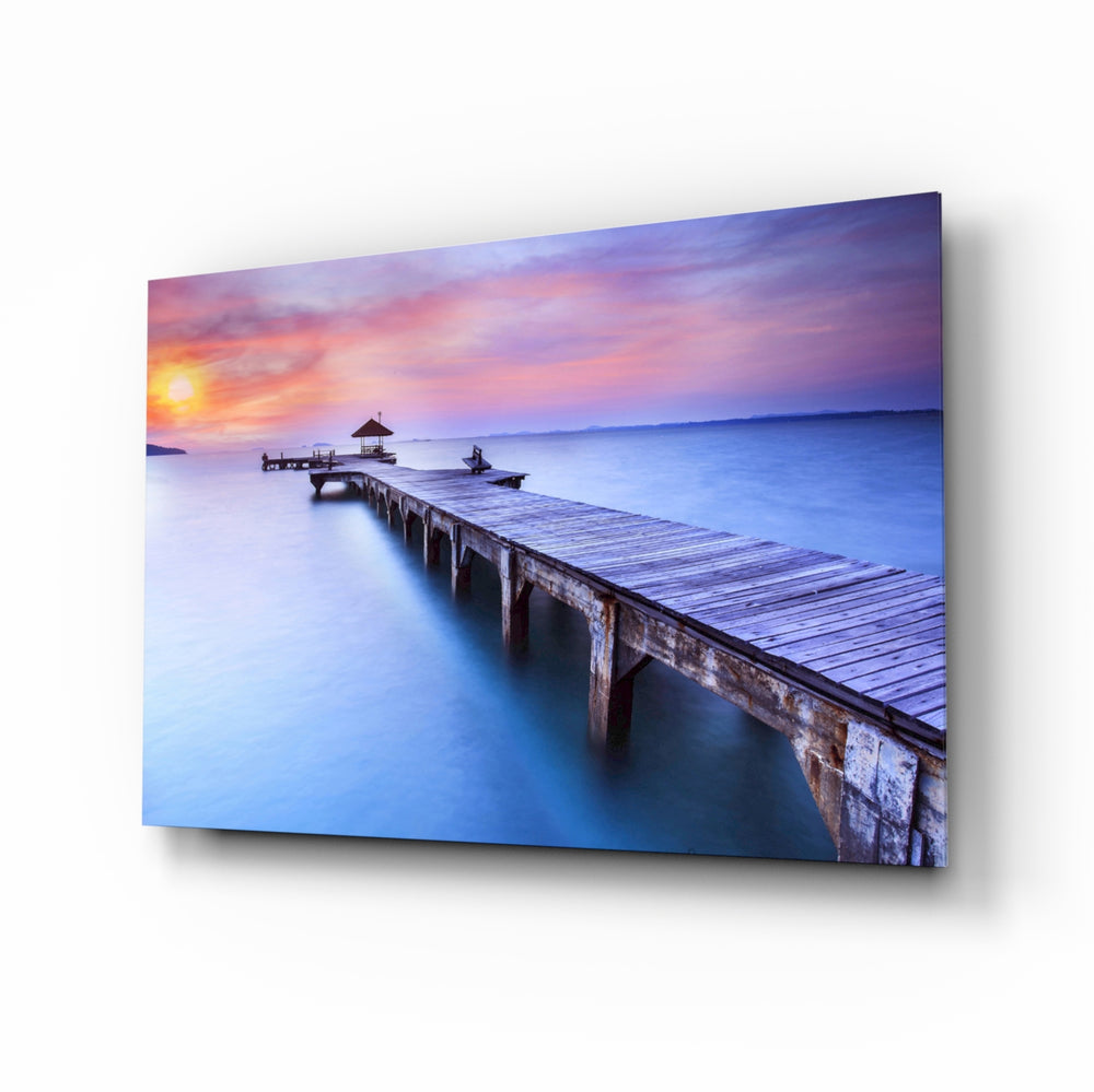 Tropical jetty sunset panel bringing dream travel to a contemporary living space