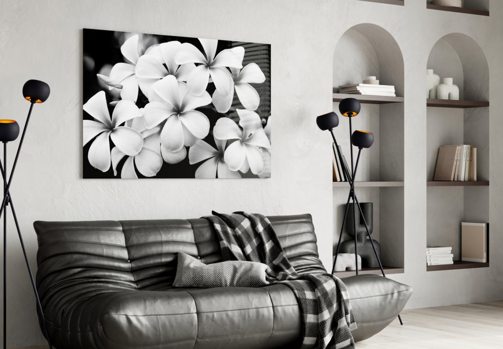 Flower panel adding graphic calm to a spa-style bathroom