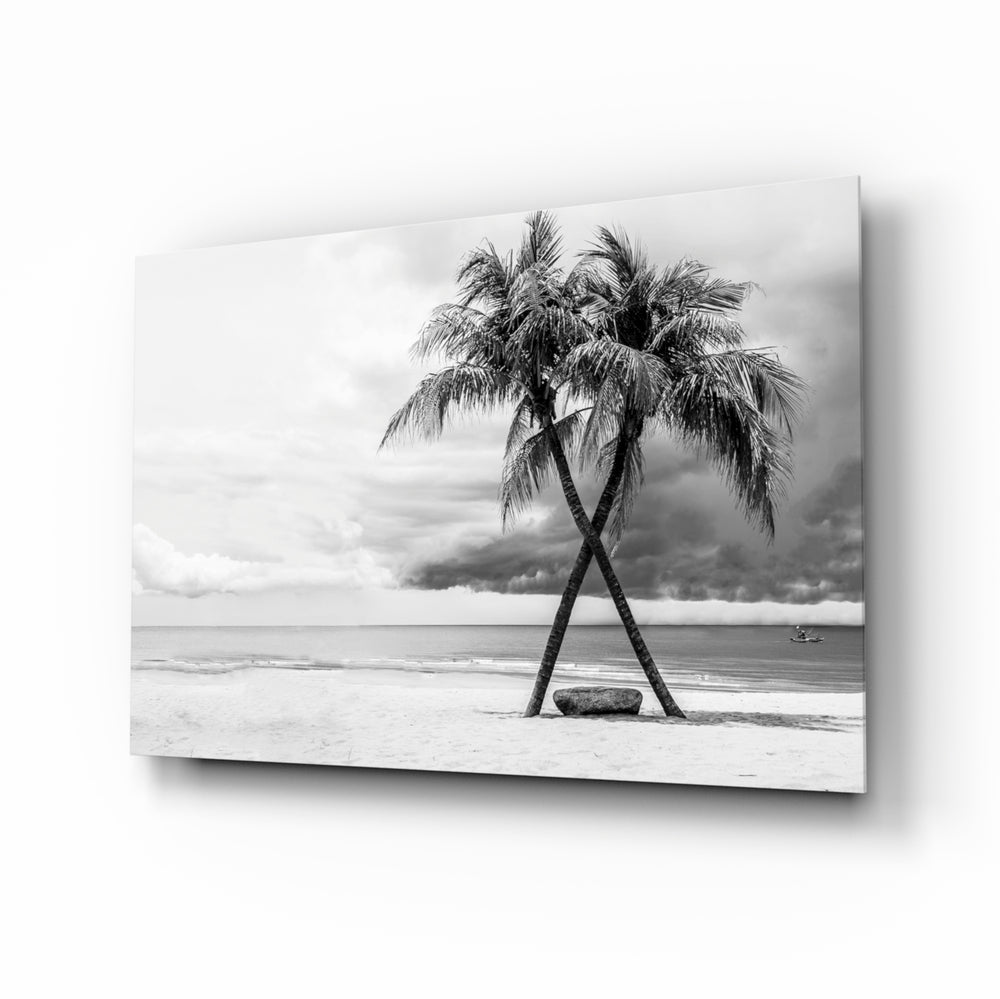 Monochrome palm panel bringing tropical calm to a contemporary living space