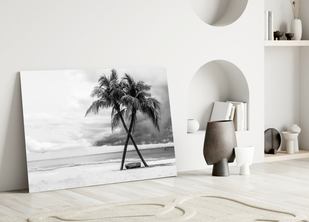 Palm Trees glass wall art styled above a bed in a holiday-mood bedroom