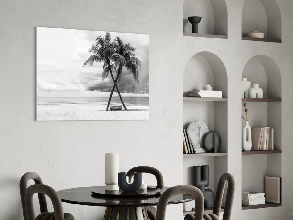 Palm Trees glass print anchoring a hallway with minimalist travel charm