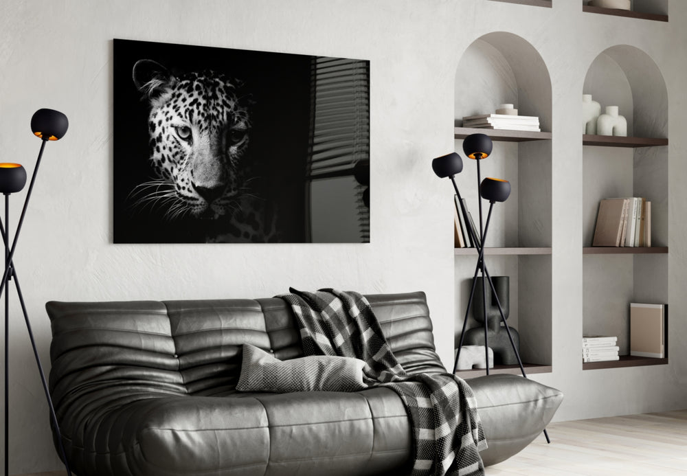 Leopard panel anchoring a masculine lounge with wildlife presence