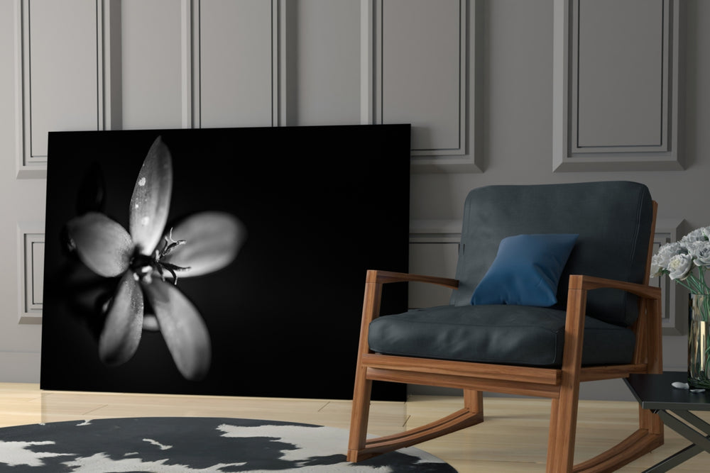 Flower artwork anchoring a hallway with single-subject drama