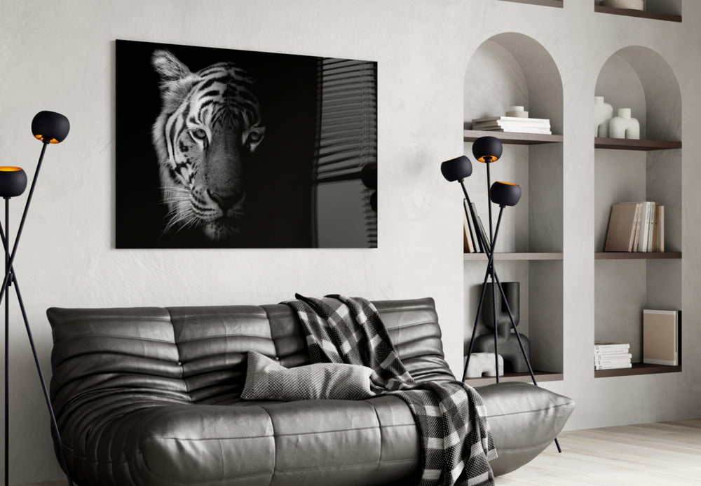 Tiger panel anchoring a masculine lounge with wildlife presence