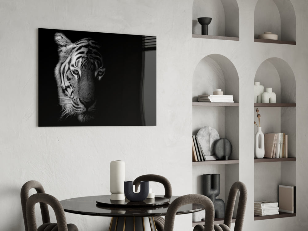 Tiger glass print enhancing a study or library with fierce focus