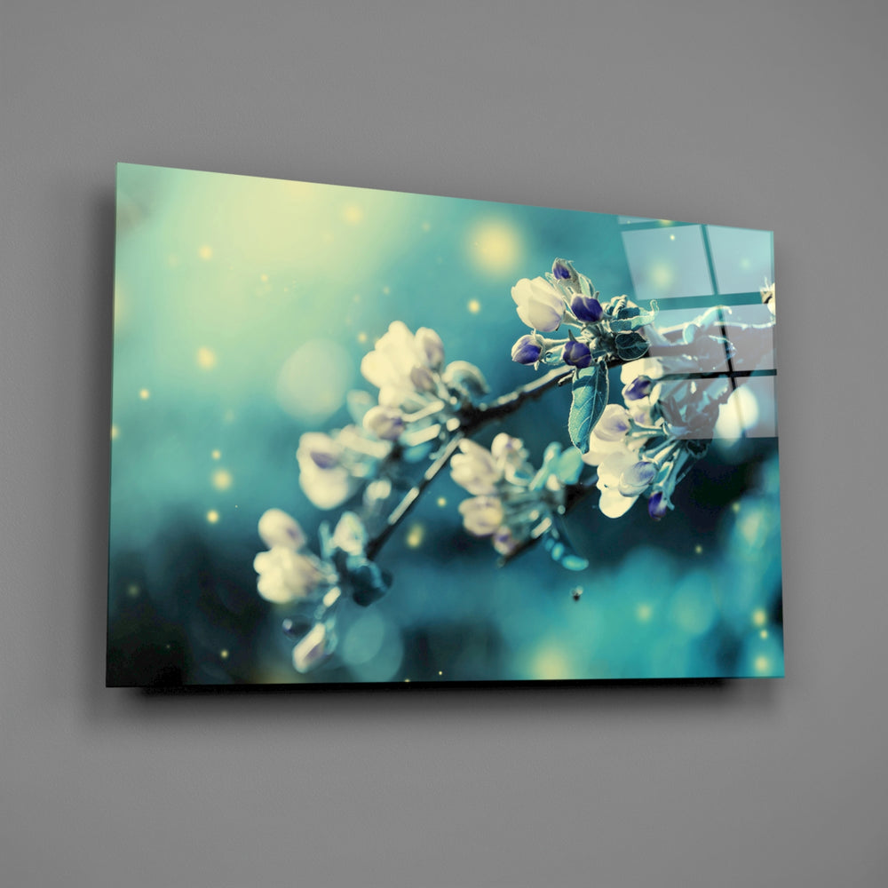 Close-up detail of white blossoms with golden light against turquoise