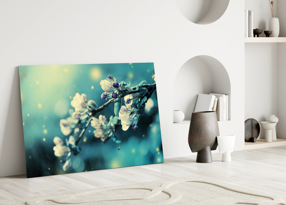 Flower glass wall art styled above a bed in a gentle, dreamy bedroom