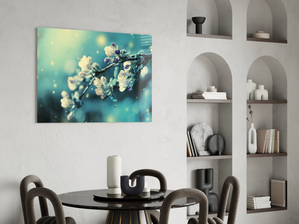 Flower glass print enhancing a hallway with soft spring light