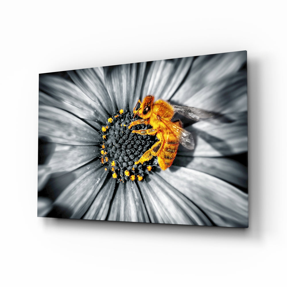 Honey bee macro panel bringing nature warmth to a contemporary living space