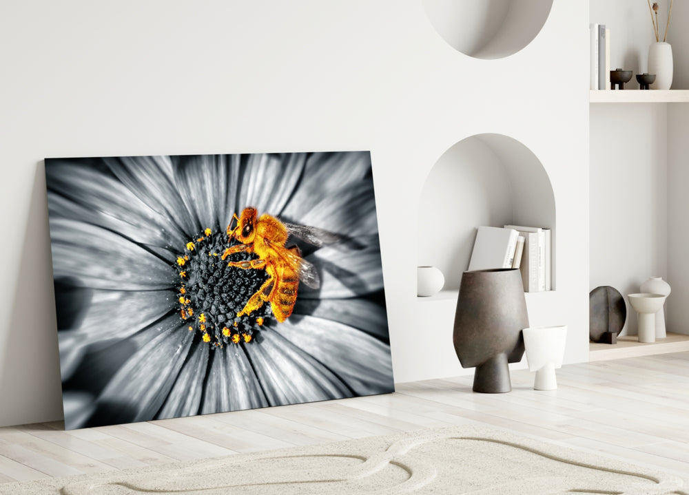 Honey Bee glass wall art styled above a kitchen counter