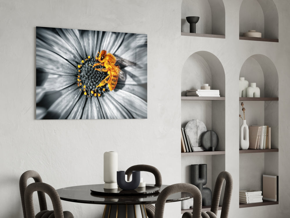Honey Bee glass print enhancing a sunroom with selective-color charm