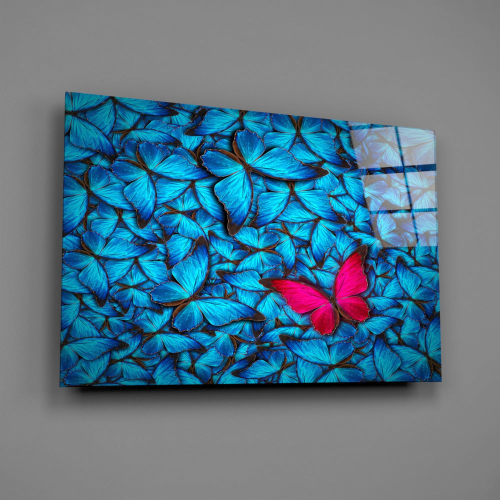 Close-up detail of the single pink butterfly among cobalt wings