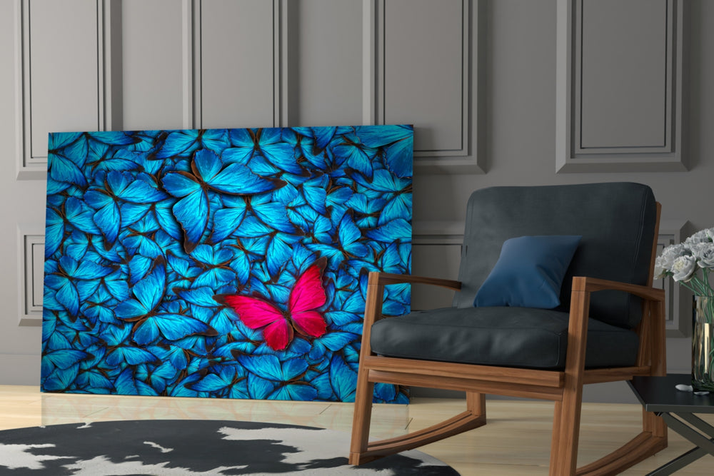 Butterfly artwork anchoring a quiet reading corner