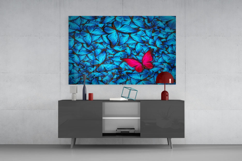 Fine art photography – solitary pink butterfly as vivid focal point surrounded by closely packed blue morpho butterfly wings