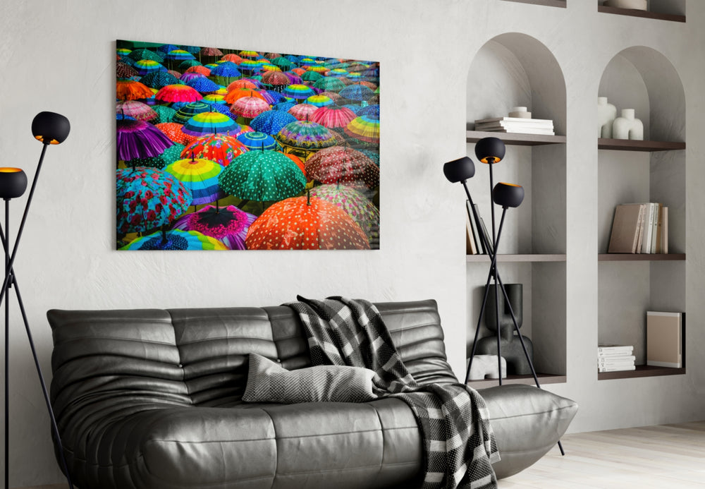 Colorful Umbrellas panel adding joy to a family dining area