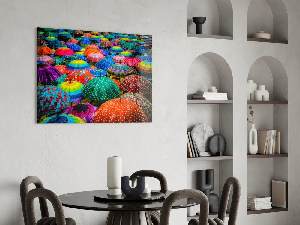 Colorful Umbrellas glass print energizing a kid's room wall