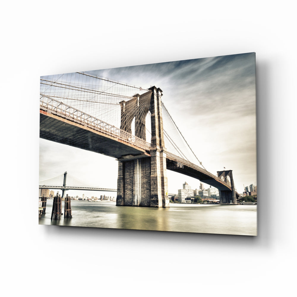 Vintage Brooklyn Bridge panel bringing archival warmth to a contemporary living space