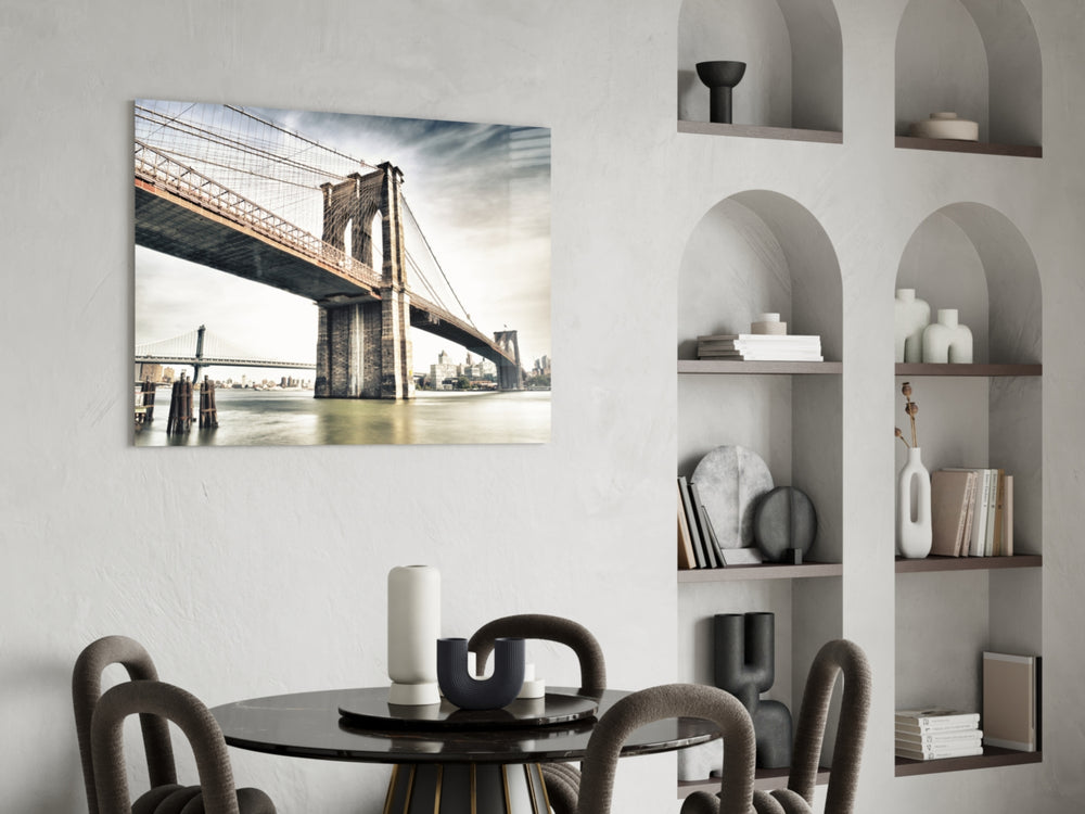 Brooklyn Bridge glass print enhancing a hallway with vintage warmth