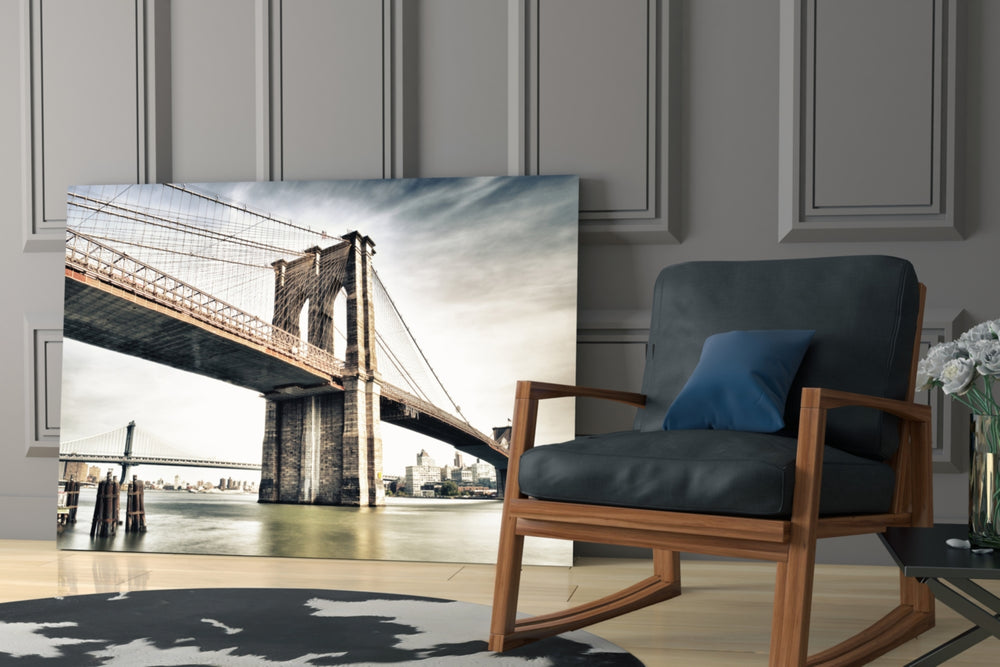 Brooklyn Bridge artwork anchoring a home office with New York character