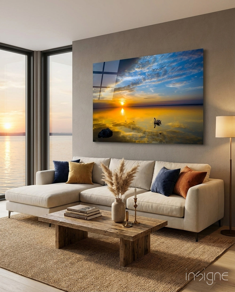 Swan glass wall art displayed above a console in a designer interior