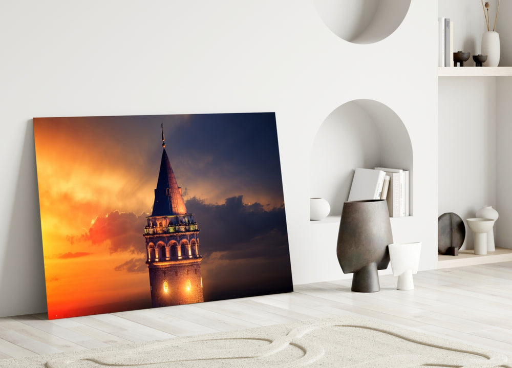 Galata Tower glass wall art styled above a sofa in a travel-inspired living room