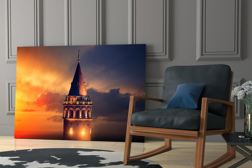 Galata Tower artwork anchoring a dining area with travel mood