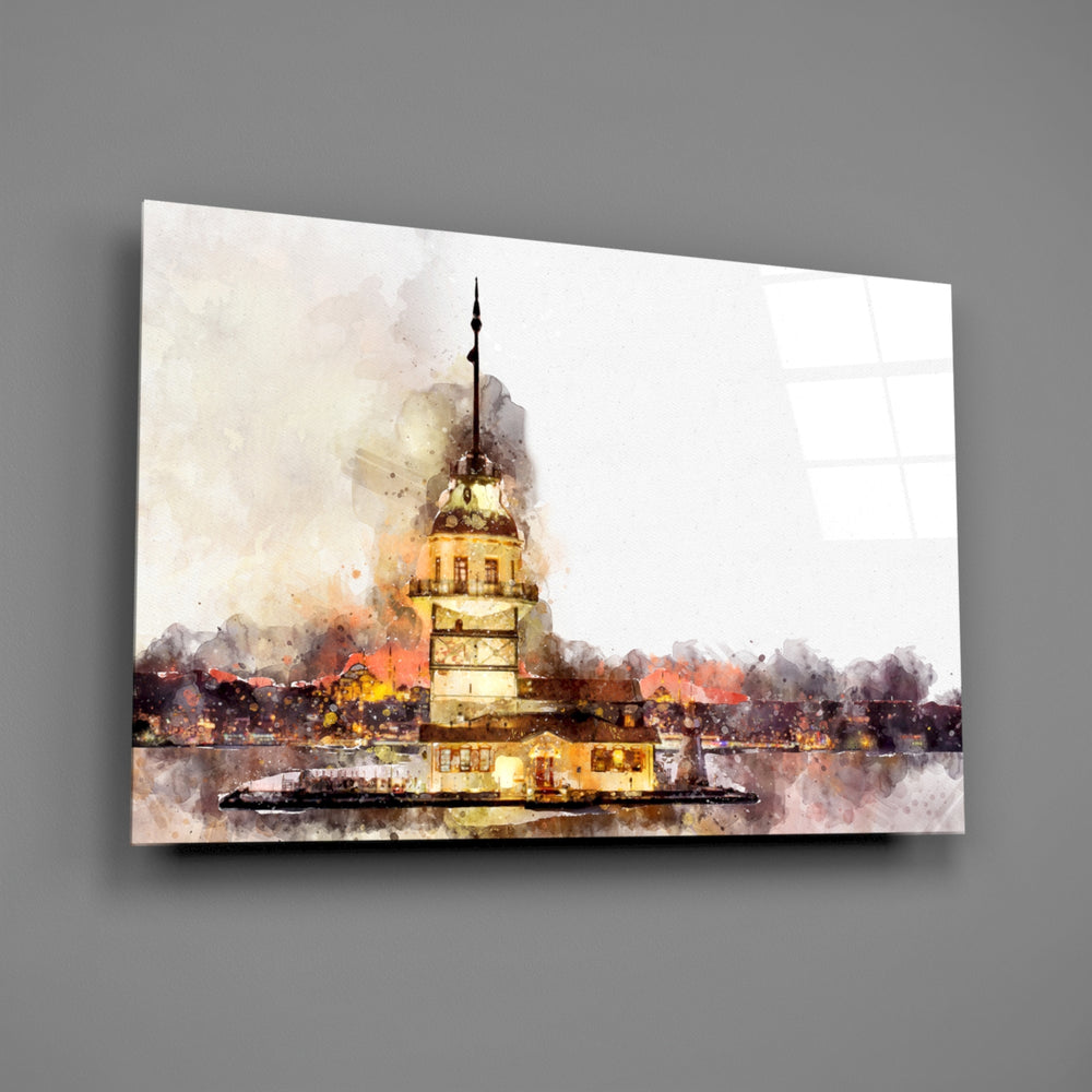 Close-up detail of the Maiden's Tower in warm watercolor strokes