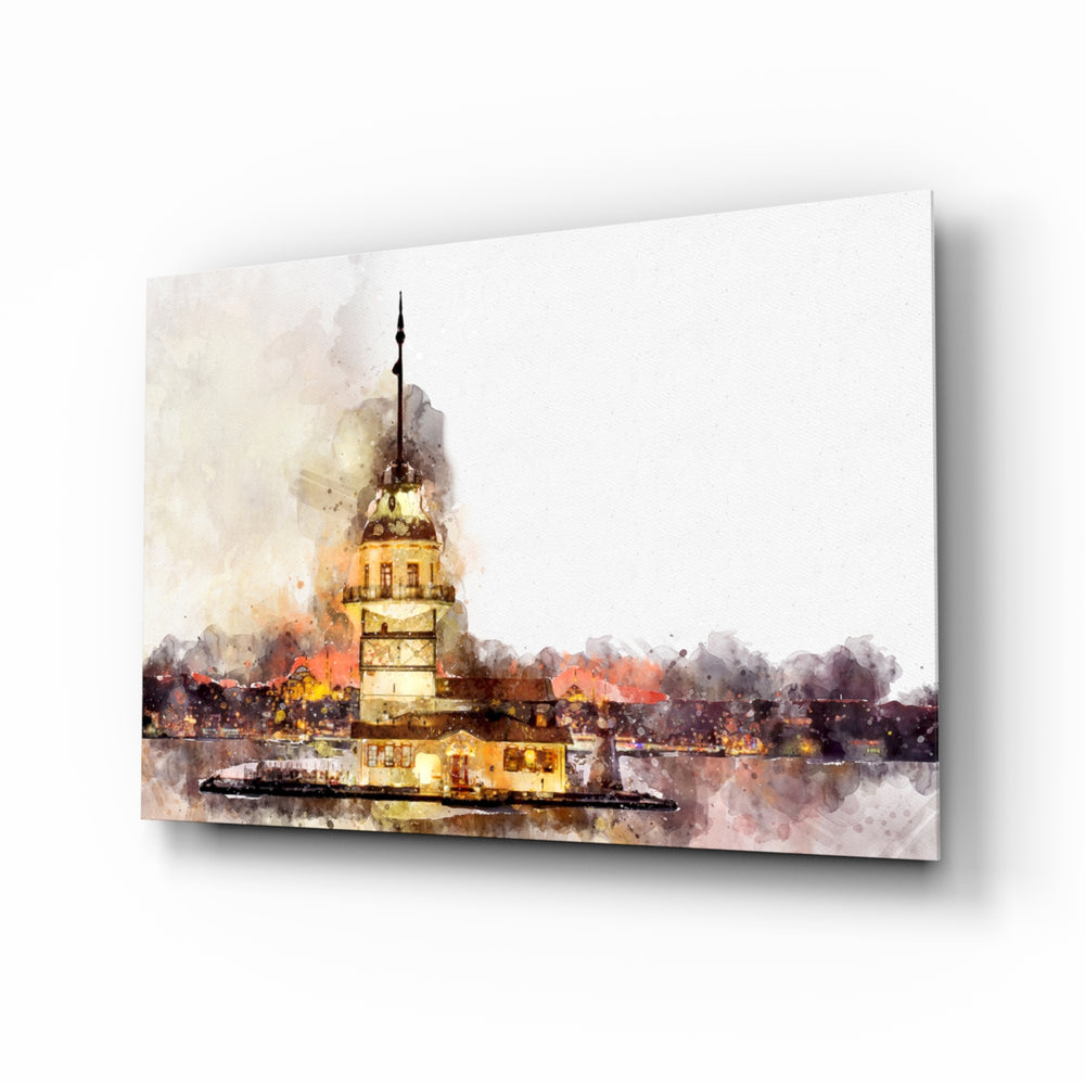 Maiden's Tower watercolor panel bringing Istanbul romance to a living space