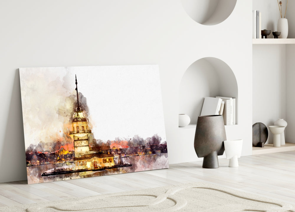 Maiden's Tower glass wall art styled above a sofa in a lyrical living room